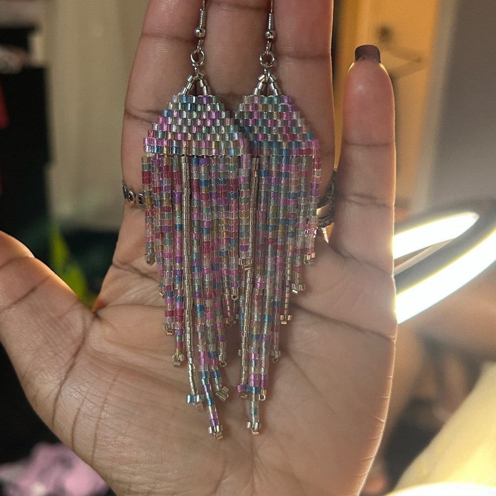 Rainbow Beaded Fringe Earrings